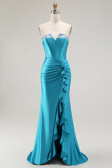 Mermaid Strapless Corset Beaded Blue Prom Dress with Ruffle Slit